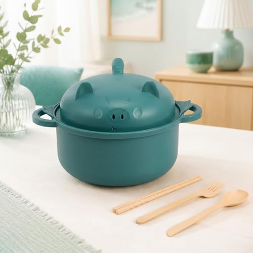 2 Sets 45oz Cute Pig Ramen Bowl Set Microwavable, Dark Blue Green - color: Dark Blue,Dark Green