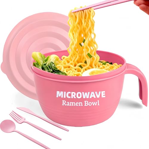 Layron Large Ramen Bowl Set, Ramen Noodle Bowls Microwavable 45 oz, Ramen Cooker, Microwave Pasta Cooker, Ramen Bowl Microwave Gift for College Male Female Dorm Room (pink) - color: Pink