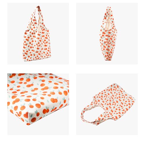 REDSINDA Canvas Tote Bag, Large Capacity Shoulder Bag with Inner Pockets, Foldable Shopping Bag - color: Orange Fruit