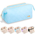 Easter Basket Gifts Soft Quilted Makeup Bag, Wide Opening Cosmetic Pouch Travel Toiletries Accessories Bag Trendy Makeup Purse for Women Teen Girls Holiday Gifts Birthday Gifts(Blue) - color: Blue