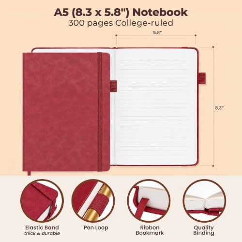 A5 Premium Leather Journal Red 5.8x8.3" Lined Leather Notebook 300 Pages - color: Red, size: A5 300 Pages