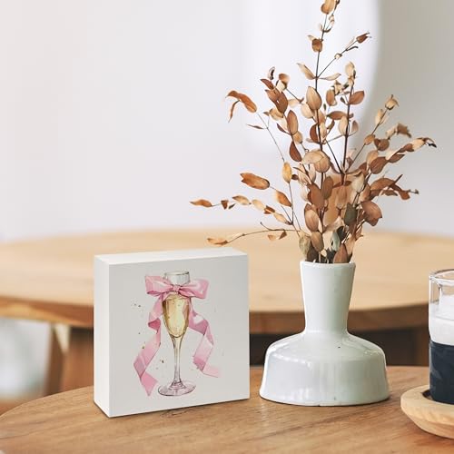 Pink Bow Champagne Flute Wooden Box Sign, Preppy Girly Room Decor Aesthetic, Pink Girly Wood Signs for Girls Room Dorm Apartment Desk Table Shelf Decor, 5x5 Inch - color: A-Pink Bow Champagne