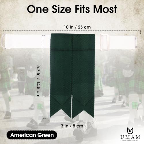 Kilt Flashes for Men with Heavy Buckle Adjusters, Plain & Tartan Kilt Sock Flashes. - color: Green Plain 030flbu