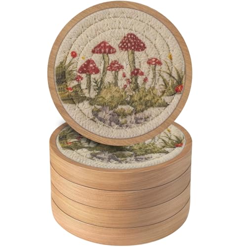Wood Coasters for Drinks, Eykao Absorbent Coaster Sets of 5, Woven Drink Coasters for Coffee Table, Housewarming Gift for Farmhouse Home Decor,4 inches - color: Red & Green