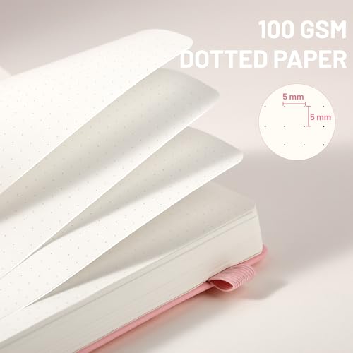 CAGIE Bullet Dotted Journal Notebook 320 Pages 100 GSM Paper Hardcover A5 Dot Grid Notebook Leather Journals for Writing Women Men Work Journaling, Pink - color: Pink, style: Dotted A5