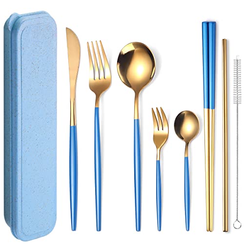 AARAINBOW 8 Pieces Stainless Steel Flatware Set Portable Reusable Cutlery Set Travel Utensils Set Including Chopsticks Knife Fork Spoon Straws Cleaning Brush Dishwasher Safe (Blue Golden) - color: Blue Golden