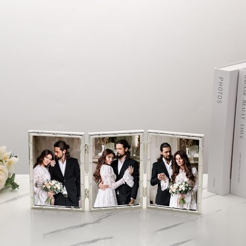 YiPinYin Elegant Silver Plated 4x6'' Hinged Triple Metal Picture Frame,Bamboo Detail Designs,with Real Glass & Soft Touch Velvet Backing for Desktop and Wall Décor - color: Silver, size: 4x6''(Triple)