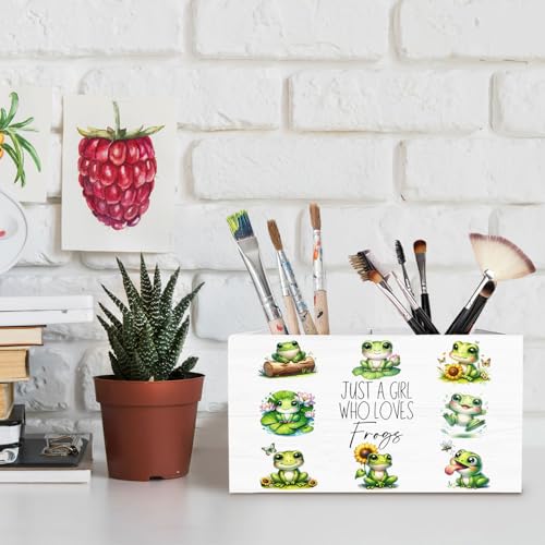 Cute Floral Frog Pen Holder for Desk, Gifts for Frog Lovers Pencil Organizer, Just a Girl Who Loves Frogs Wooden Box Sign Desk Decor for Home Office Decoration - color: FROGS