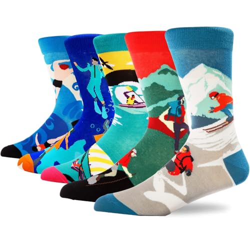 Colorful Funny Novelty Dress Socks for Men Women Teens Fathers Day Casual Fun Crazy Funky Graphic Crew Socks - color: 5 Pairs - Sports Themed - Skiing Snowboarding Outdoor Hiking Sailing & Kayaking Swimming Scuba Diver Ocean Adventure Pattern Socks, size: