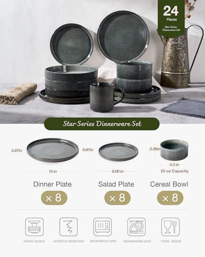 Famiware Star Stoneware Dinnerware Sets for 8, Reactive Glaze Plates, Bowls - color: Deep Forest