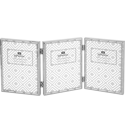 YiPinYin Elegant Silver Plated 5x7'' Hinged Triple Metal Picture Frame,Bamboo Detail Designs,with Real Glass & Soft Touch Velvet Backing for Desktop and Wall Décor - color: Silver, size: 5x7''(Triple)