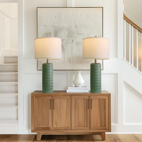 PoKat 27.5" Dark Green Ceramic Table Lamps for Living Room, Farmhouse Table Lamps Set of 2 for Bedroom Night Stands, Modern Bedside Lamps for End Side Table, Vintage Nightstand Decor Lamps Home Office - color: Green