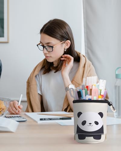 Sooez Standing Pencil Case, Cute Stand up Pencil Pouch, Telescopic Pen Bag - color: Beige Panda