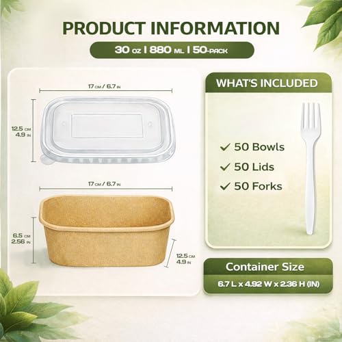 TOPtoper 50 Pack 25 OZ Disposable Meal Prep Containers with Lids and Forks, Large Kraft Paper Bowls for Party, Disposable Food Containers with Lids, Freezer and Microwave Safe Meal Prep Containers - size: 25 OZ