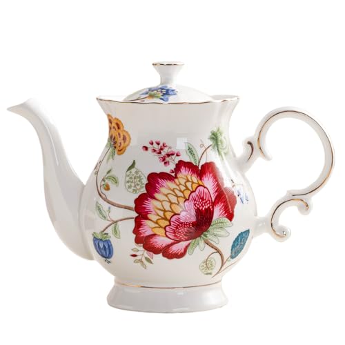 European Style Ceramic Flower Teapot Coffee Pot Water Pot Porcelain Gift Large 5.5 Cups (1, Blue and Red) - color: Blue and Red