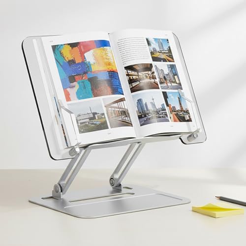 Acrylic Adjustable Book Stand, Reading Stand with Lift Design, High-Density Alloy Desktop Document Holder for Document Recipe, Cookbook, Music Book (Silver) - color: Silver
