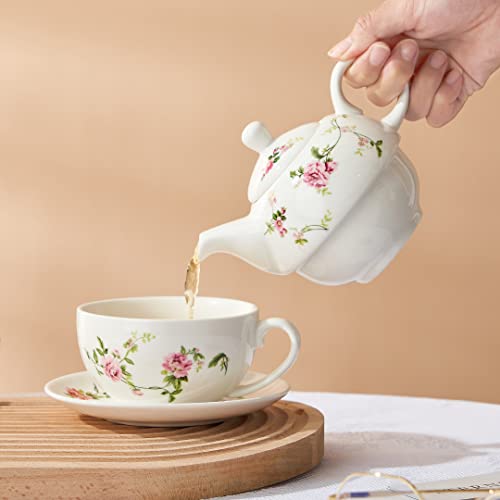 Tea for One Set, Teapot and Cup Set, Rattan Flower Design - color: Pink flower