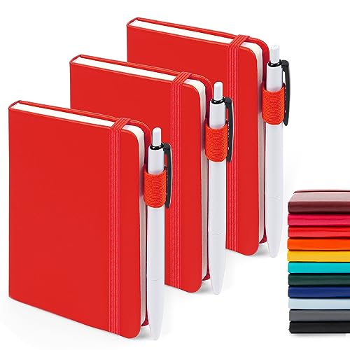 feela 3 Pack Pocket Notebook Journals with 3 Black Pens, A6 Mini Cute Small Journal Notebook Bulk Hardcover College Ruled Notepad with Pen Holder for Office School Supplies, 3.5”x 5.5”, Red - color: A6 3 Red