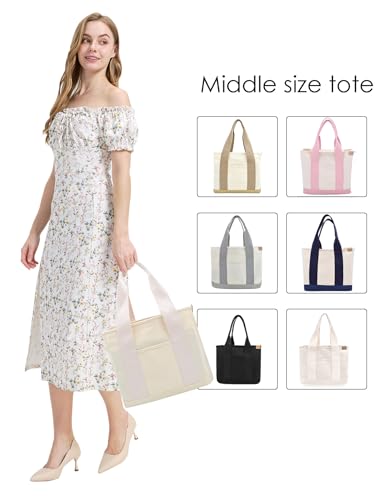 TeeYee 16oz Canvas Tote Bag Casual Multi Pocket Work Bag for Women - color: Beigem, size: Medium