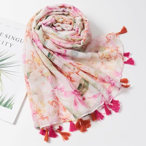 QIUTIMIY Scarf for Women Lightweight Soft Floral Leopard Printed Scarves Fall Winter Fashion Shawl Wrap with Fringe - color: Flower-pink Orange