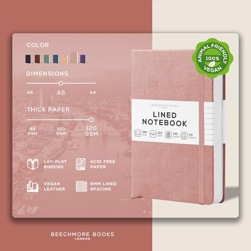 BEECHMORE BOOKS A5 5x8 Lined Leather Journal For Men, 120 GSM with Gift Box - color: Rose Wood, size: A5 - 5.8" x 8.3" Medium