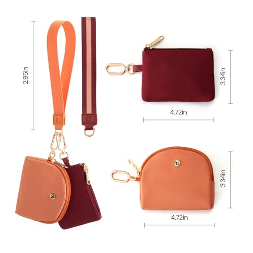 Mini Dual Pouch Wristlet Wallet for Women – Zip Around wristlet Keychain Wallet with 2 Wristlets, Ideal for Dog Walking, Coffee Runs & Lunch Break Essentials (Ruby +Orange) - color: Ruby+Orange