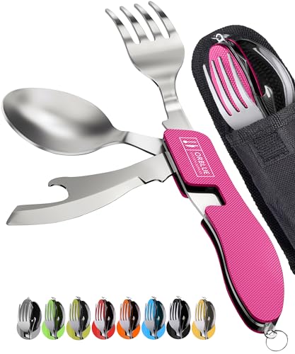 Orblue 4-in-1 Camping Eating Utensils, 2-Pack - Portable Spoon, Fork, Knife & Bottle Opener Combo Set - Stainless Steel Flatware with Detachable Fork - Travel, Backpacking Cutlery Multitool, Hot Pink - color: 2-PACK Hot Pink