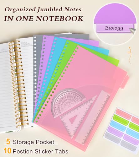 5 Subject Notebook College Ruled 240 Pages, A5(5.8"x8.3") Hardcover Spiral Notebook with Removable Dividers Tabs, Lined Spiral Journal Notebook for Women, Notebooks for Work School，whitespringflower - color: -Whitespringflower, size: A5