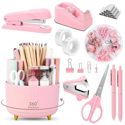 SKYDUE Pink Desk Accessories 11Pcs with Rotating Pen Holder for Desk - color: Pink