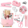 SKYDUE Pink Desk Accessories 11Pcs with Rotating Pen Holder for Desk - color: Pink