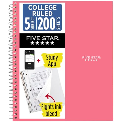 Five Star Spiral Notebook + Study App, 5 Subject, College Ruled Paper, 8-1/2" x 11", 200 Sheets, Fights Ink Bleed, Water Resistant Cover, Prom Pink (820004R) - color: Prom Pink, size: 1 Count (Pack of 1)