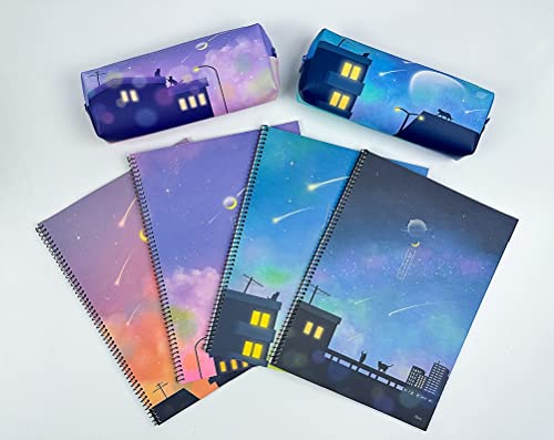 Korean Aesthetic Spiral Notebook Set, 4 Pack, Cute Scenery Design, Lined - style: Lined Notebook