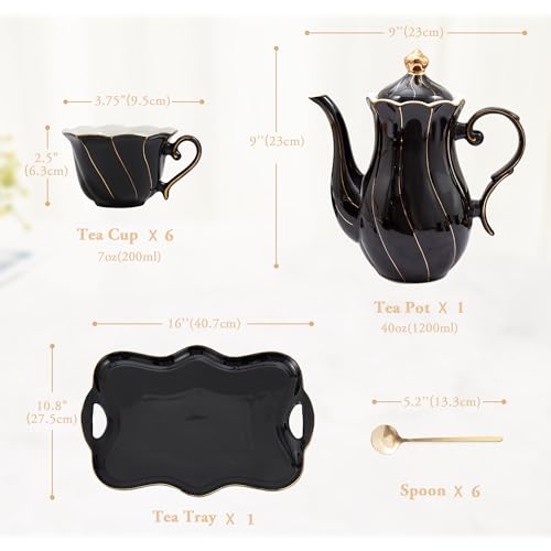 DUJUST 14 pcs Tea Set of 6 with Tea Tray & Spoons, Modern Diamond Design Tea/Coffee Cup Set with Golden Trim, Chic Porcelain Living Room Decor, Fine-china Teapot/Tea Party Set, Gift Package - Black - color: black: 14pcs tea set