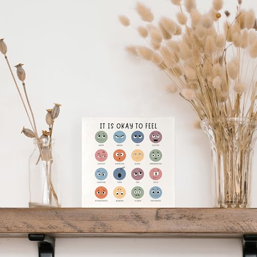 Emotions Chart Mental Health Wooden Box Sign, It Is Okay to Feel Feelings Chart Emotions Canvas Prints Wood Signs for School Counseling Office Classroom Desk Table Shelf, 5x5 Inch - color: Mental Health-Emotions Chart