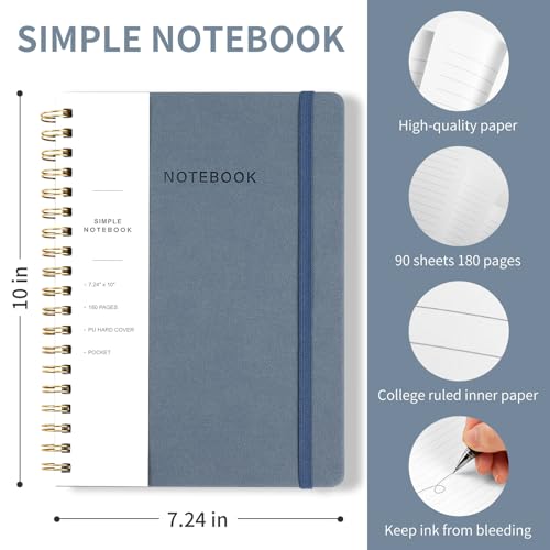 Spiral Notebook - 7.24" x 10" College Ruled Journal with Inner Pockets and 180 Pages, PU Leather Cover Business Journal, Twin-Wire Binding Notebook Perfect for Office & Home School Supplies ReefBlue - color: 001-Reef Blue-1pack, size: B5-180 pages