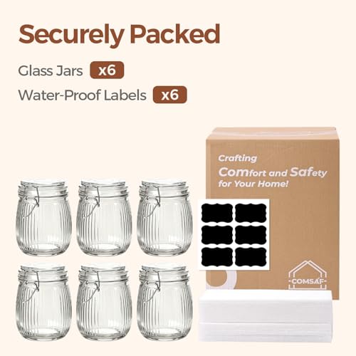 ComSaf Ribbed Glass Mason Jars with Airtight Lids 25 oz 6 Pack Coffee - size: 25 fl oz x 6 - Ribbed