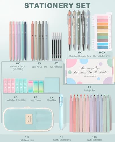 56 PCS Aesthetic School Supplies with Large Pencil Case, 5 Inspirational Ballpoint Pens, 12 Pastel Highlighters, 5 Black Ink Gel Pens, 6 Mechanical Pencils 0.5-0.7mm College Student Essentials (Blue) - color: Blue