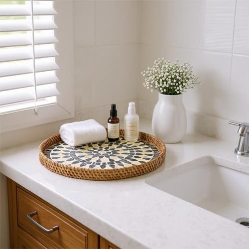 13.8" Round Mother of Pearl Inlay Rattan Black Drop Design Serving Tray - color: Black Drop