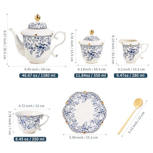 TATSUMI Country Roses Porcelain Tea Set, European Ceramic tea set for adults,Vintage Style, For Women and Tea Parties (BLUE, 21 Pieces Set) - color: Blue, size: 21 Pieces Set