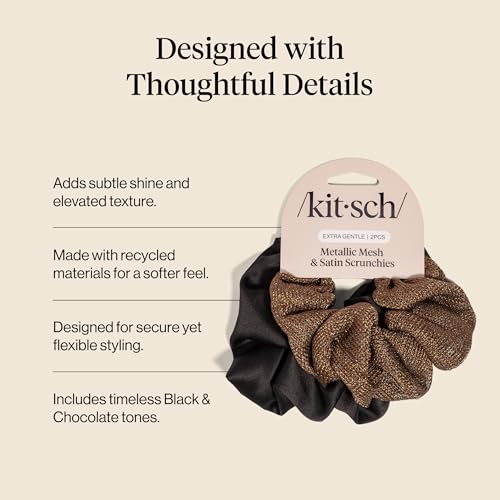 Kitsch Metallic Mesh & Satin Scrunchies For Women - Black & Chocolate, 2pcs - color: Black & Chocolate