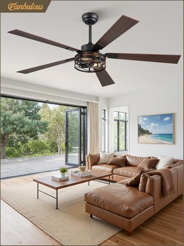 Fanbulous 60" Farmhouse Caged Ceiling Fan with Light & Remote, 6-Speed - color: Black and Walnut, size: 60 Inch