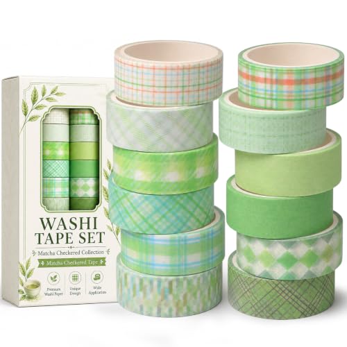 12 Rolls Washi Tape Set, Fresh Matcha Green Decorative Tape,Assorted Styles