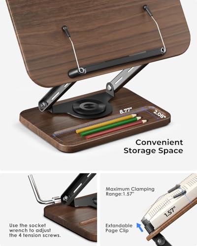 Viozon Book Stand for Reading, Book Holder 360° Rotating Base with Pen Slot, Foldable Reading Display Stand with Elastic Page Clips for Cookbook, Recipe, Textbook, Tablet, Laptop