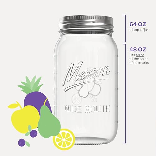 SEWANTA Wide Mouth Mason Jars 64 oz [2 Pack] With Mason Jar Lids and Bands, Mason Jars 64 oz - For Canning, Fermenting, Pickling - Jar Decor - Microwave/Freeze/Dishwasher Safe.