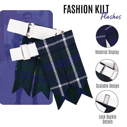 EZE Kilt Flashes for Men with Heavy Buckle Adjusters, Plain & Tartan Kilt Sock Flashes Acrylic Wool - color: Blue Douglas