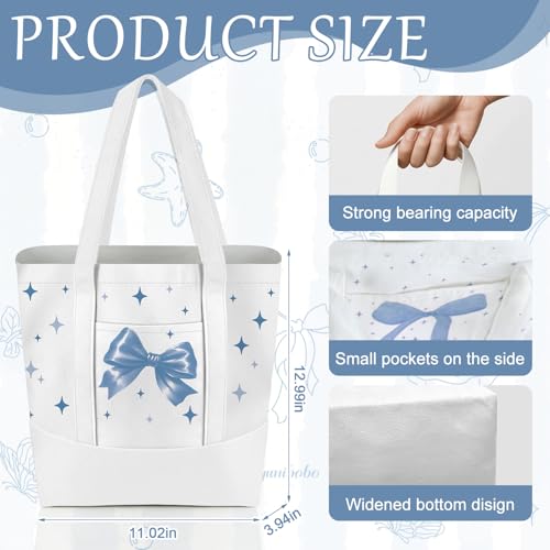6 Pcs Mini Floral Bow Tote Bags for Women White Canvas Tote Bag Bulk Reusable Coquette Bags for Wedding Party Favor - color: Blue Bow