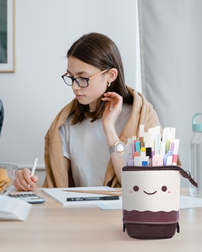 Sooez Standing Pencil Case, Cute Stand up Pencil Pouch, Telescopic Pen Bag - color: Brown Coffee