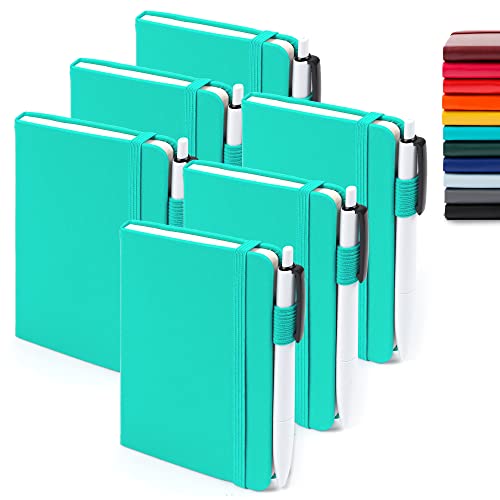 feela 6 Pack Pocket Small Notebooks Bulk, Mini Cute Memo Notepads Hardcover College Ruled Lined Journals with Pen Holder for Women Girls Office School, with 6 Black Pens, 3.5”x 5.5”, A6, Aqua - color: 6 Aqua