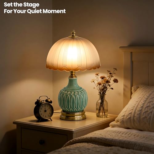 Vintage Green Ceramic Small Table Lamp with Amber Glass Shade - color: Amber