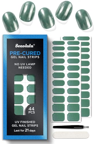 Real Gel Nail Strips (No UV Light Needed) - 44Pcs Salon Quality Nail Stickers - Long Lasting Polish Wraps for Women, Easy Apply & Remove (Chrome Needle) - color: Chrome Needle Green
